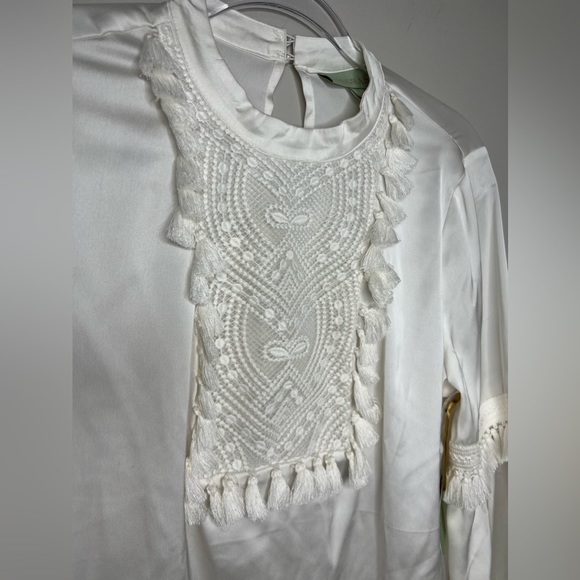 NWT! RYEGRASS white silk long sleeve tassel boho fringe peasant top. Size M. - Picture 2 of 10